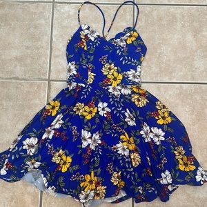 Blue floral fit and flare mini dress